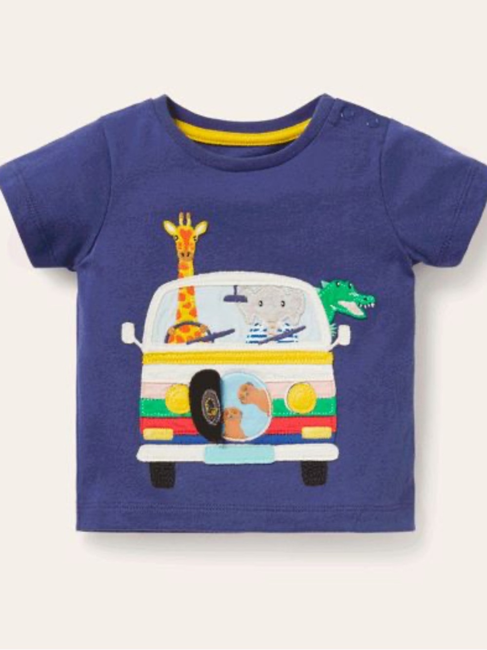 Mini Boden toddler t-shirt featuring a colorful safari animal van applique